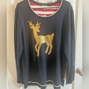 Crown & Ivy Navy Sweater with Gold Sequin Reindeer